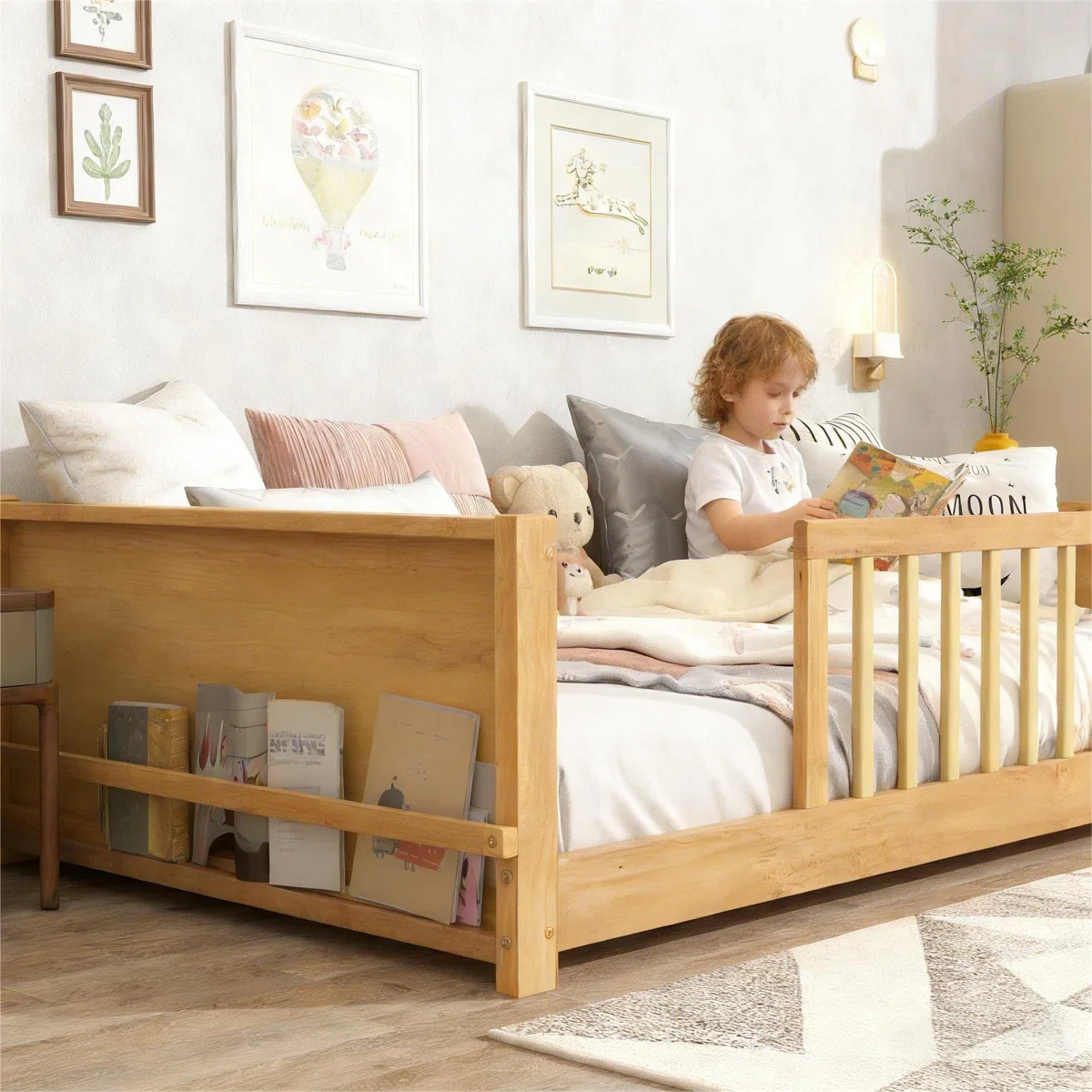 Kids Floor Platforms Bed With Built-in Book Rack - Image 4