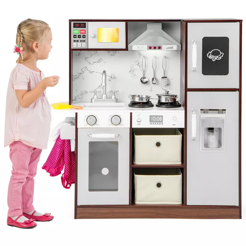 Kids Kitchen Playset w/Attractive Lights & Sounds Range Hood Microwave Ice Maker