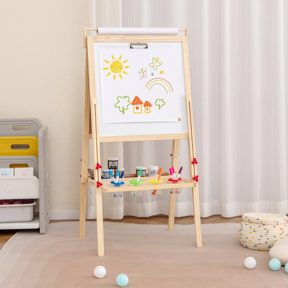 Kids Natural Double Sided Height Adjustable Wooden Art Easel - Image 2