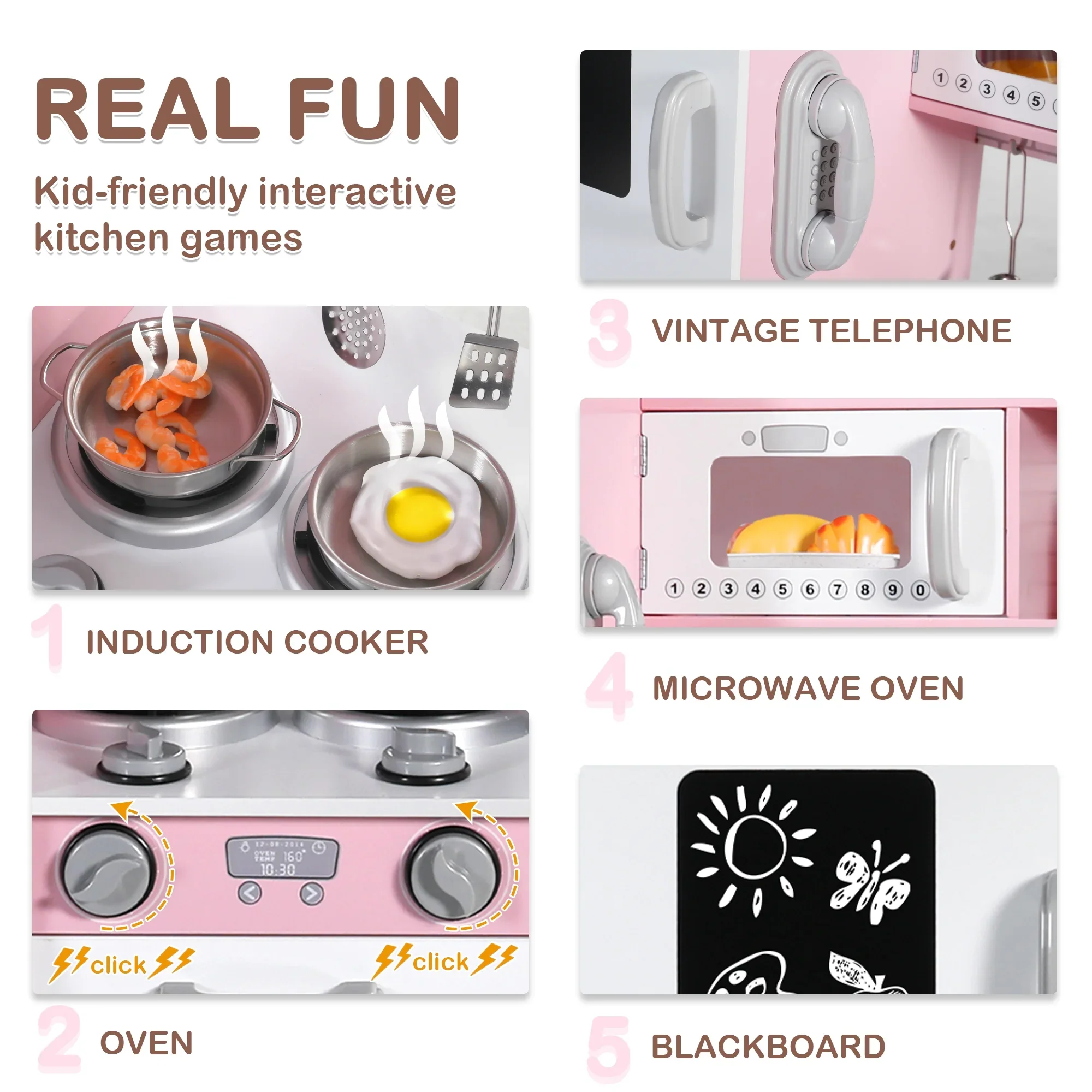 Wood Kitchen Playset for Toddler with Accessories, Pink - Image 5