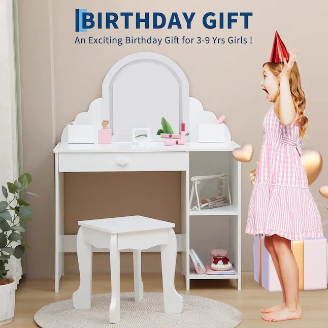 Kids Vanity Table And Chair Set With Mirror Lights Jewelry Storage Drawer - Image 3