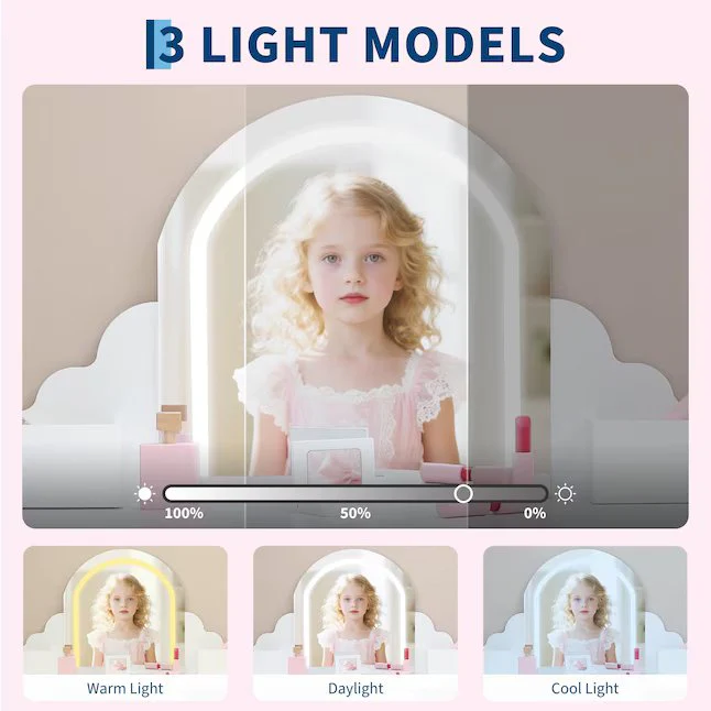 Kids Vanity Table And Chair Set With Mirror Lights Jewelry Storage Drawer - Image 4