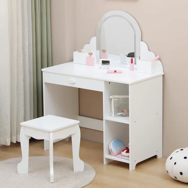 Kids Vanity Table And Chair Set With Mirror Lights Jewelry Storage Drawer - Image 5