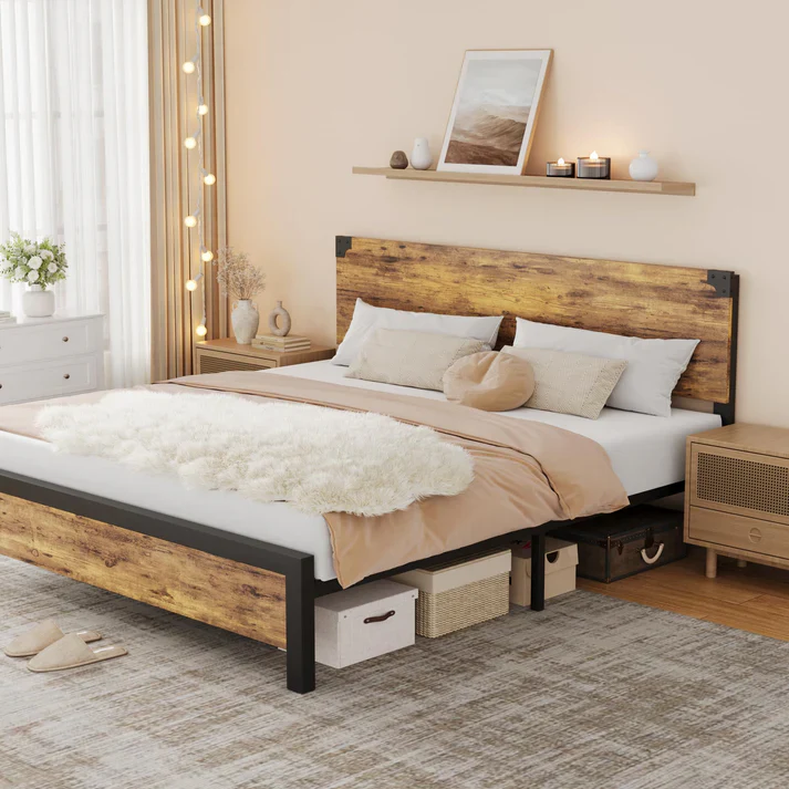Platform King Size Bed Frame with Wood Headboard - Image 5