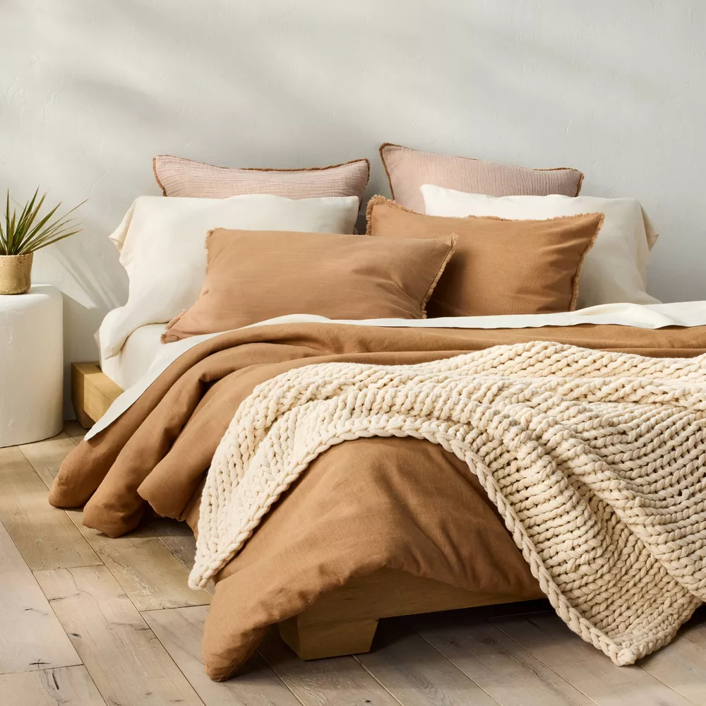 Heavyweight Linen Blend Comforter & Sham Set Warm Brown - King/California King