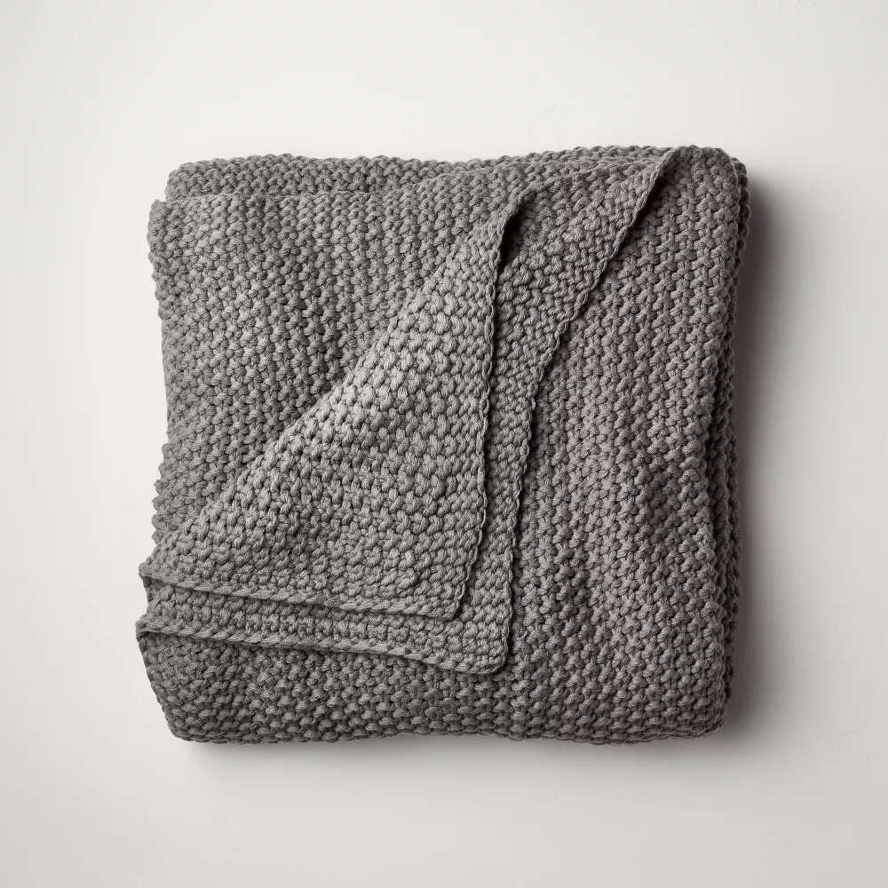 Chunky Knit Bed Blanket Dark Gray King