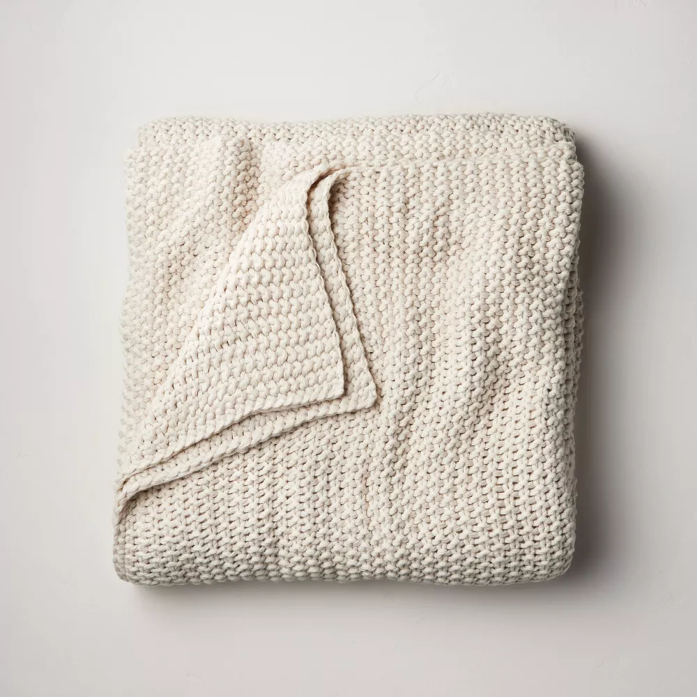 King Chunky Knit Bed Blanket Natural - King