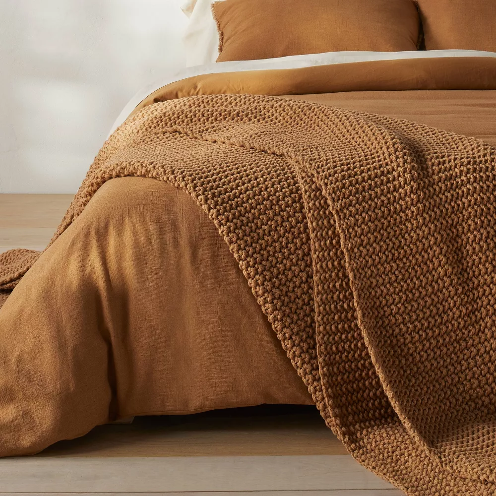 Chunky Knit Bed Blanket Warm Brown King - Image 2