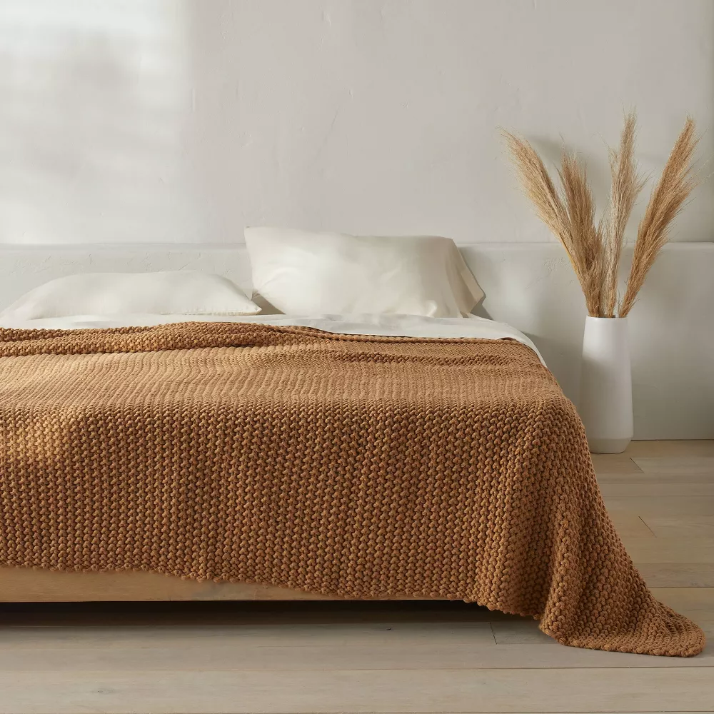 Chunky Knit Bed Blanket Warm Brown King - Image 4