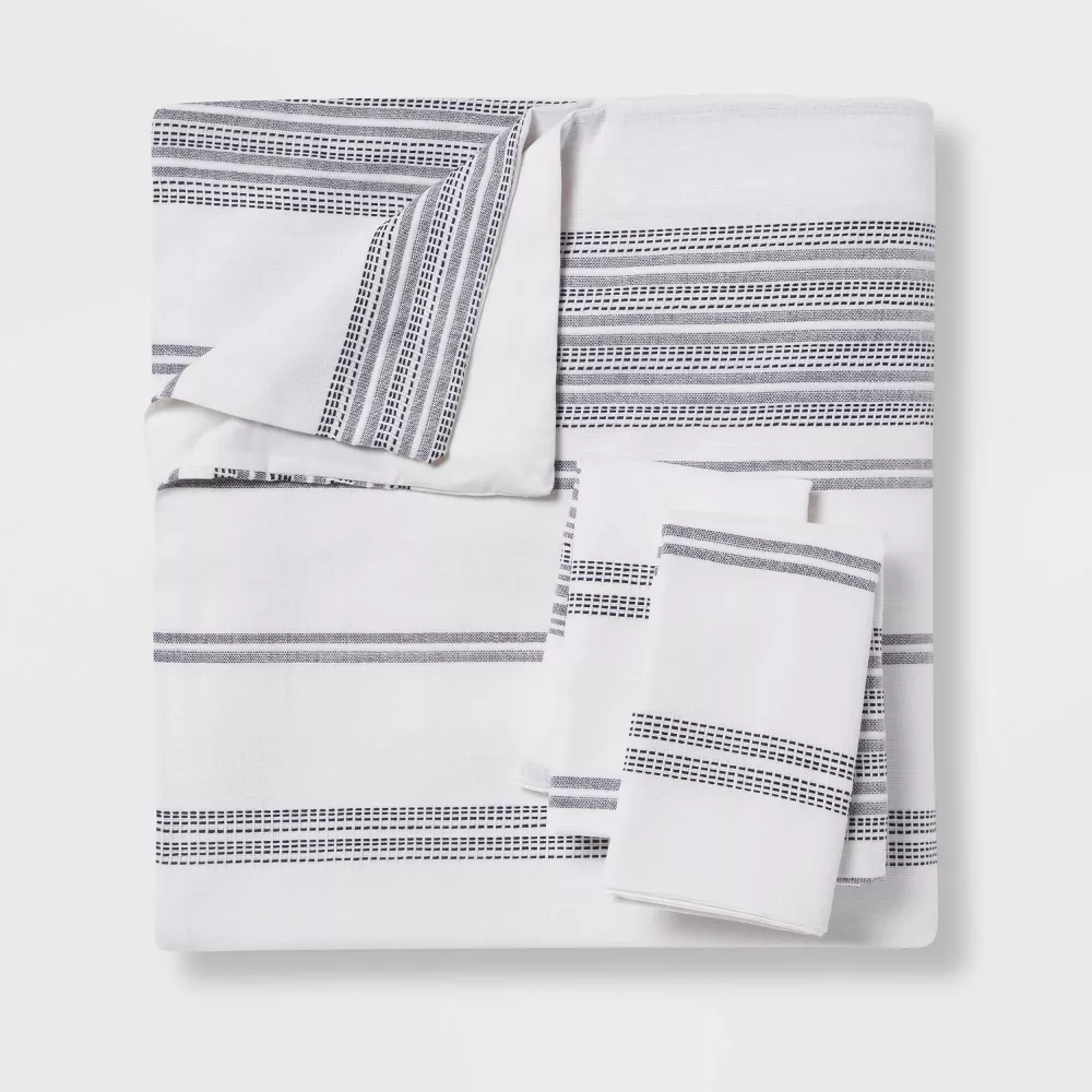 Cotton Woven Stripe Duvet Cover & Sham Set White/Navy King - Image 2