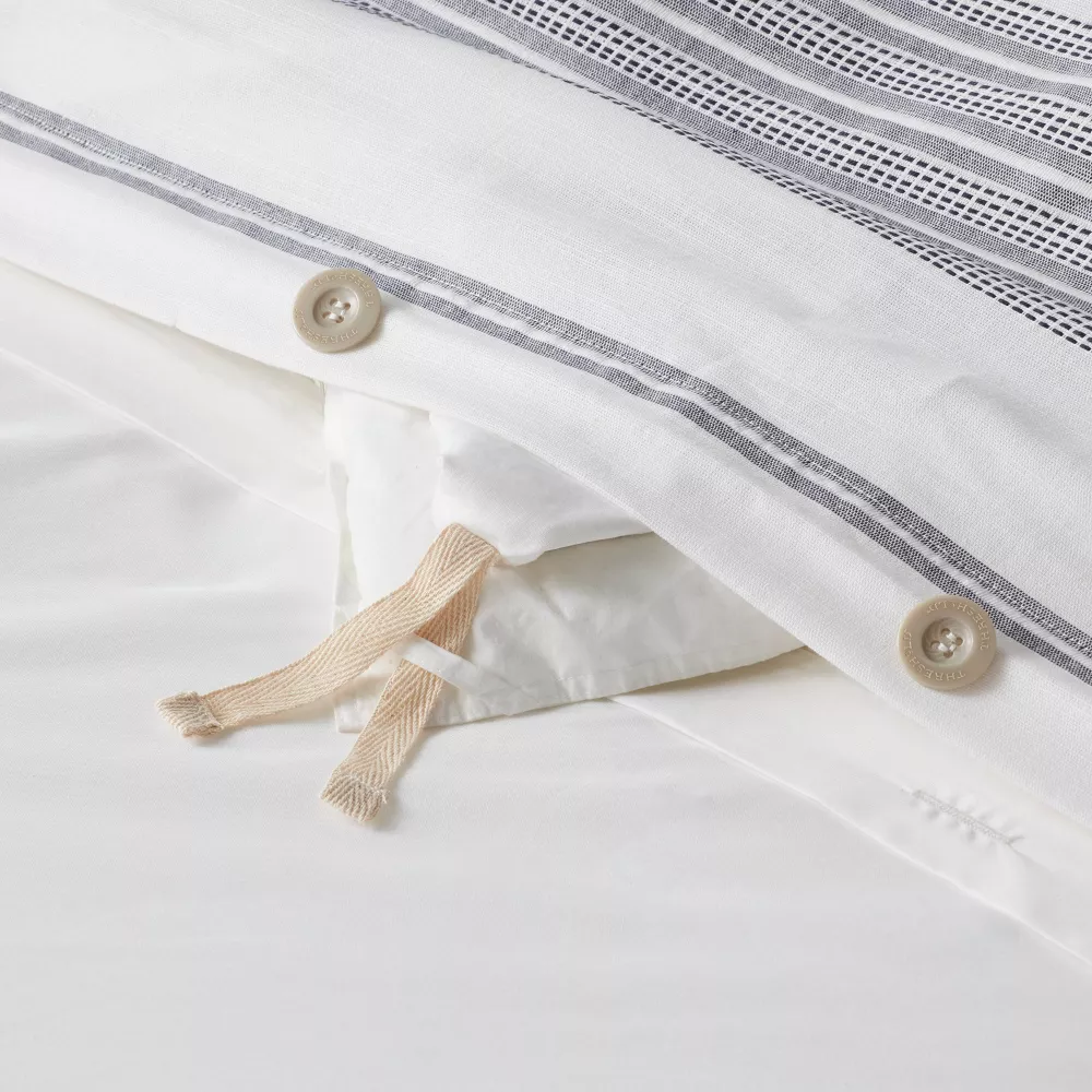 Cotton Woven Stripe Duvet Cover & Sham Set White/Navy King - Image 5