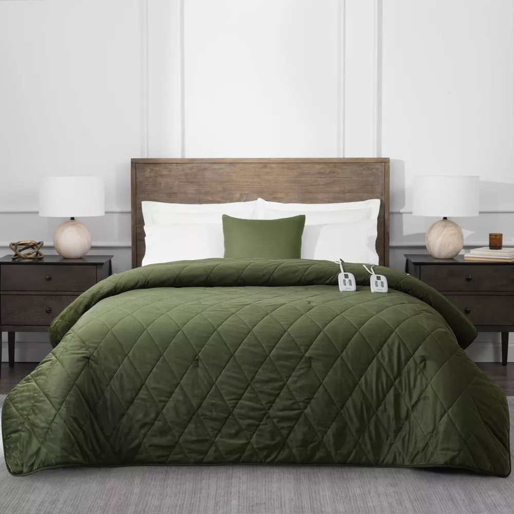 King Heated Diamond Stitch Quilt Blanket Olive Green