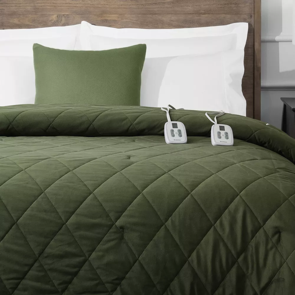 King Heated Diamond Stitch Quilt Blanket Olive Green - Image 3
