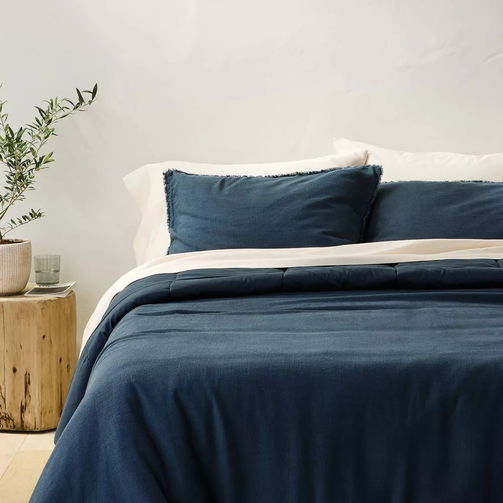 King Heavyweight Linen Blend Comforter and Sham Set Dark Mineral Blue