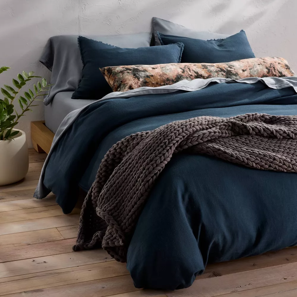 Heavyweight Linen Blend Duvet Cover and Sham Set Dark Mineral Blue King - Image 3