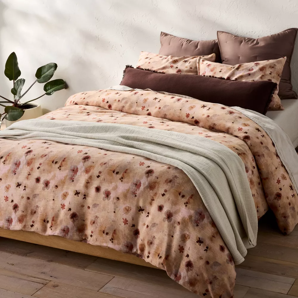 King Heavyweight Linen Blend Duvet Cover and Sham Set Pressed Floral Print - Image 5