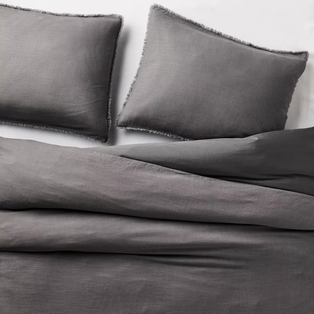 King Heavyweight Linen Blend Duvet Cover & Sham Set Dark Gray - Image 2
