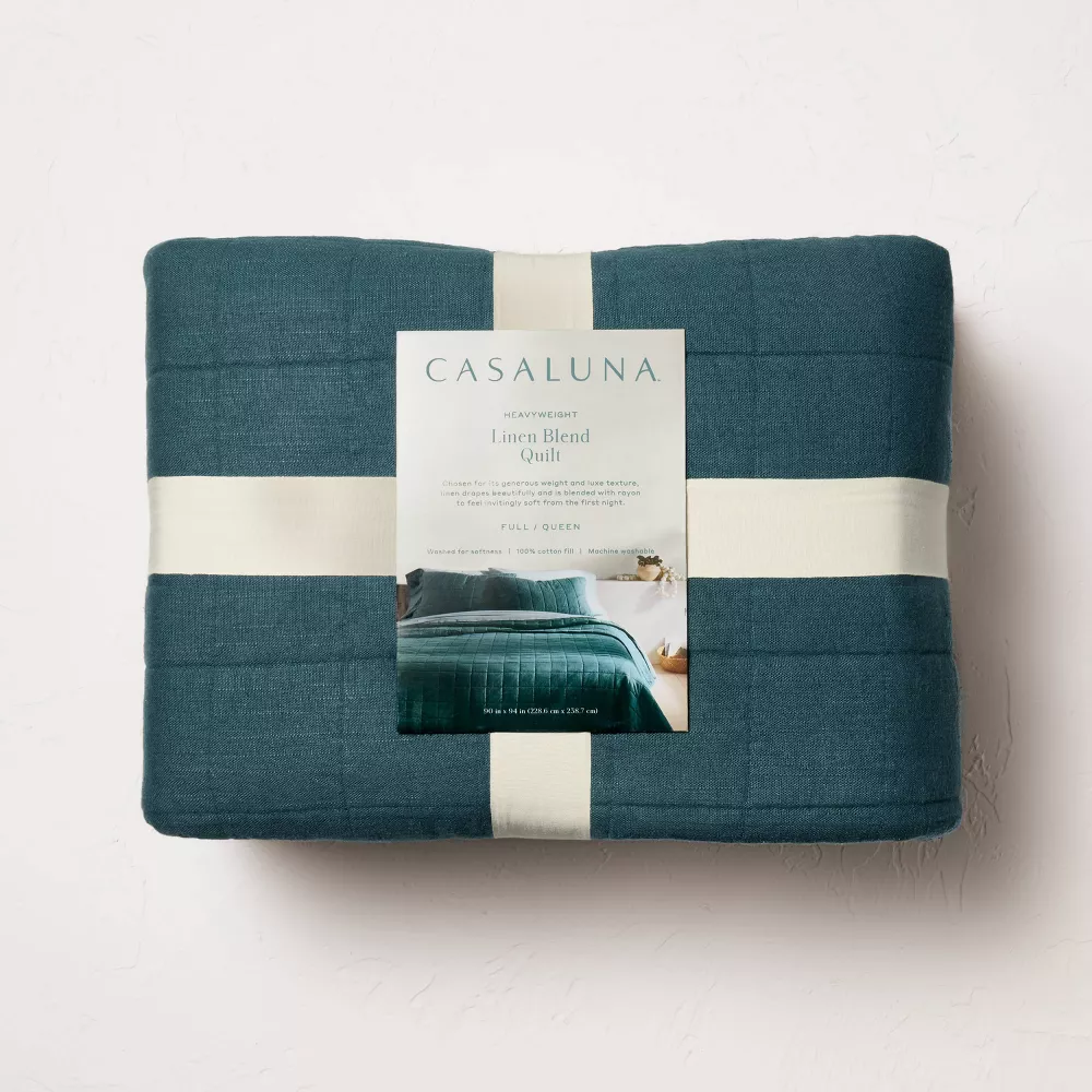 King Heavyweight Linen Blend Quilt Dark Teal Blue - Image 2