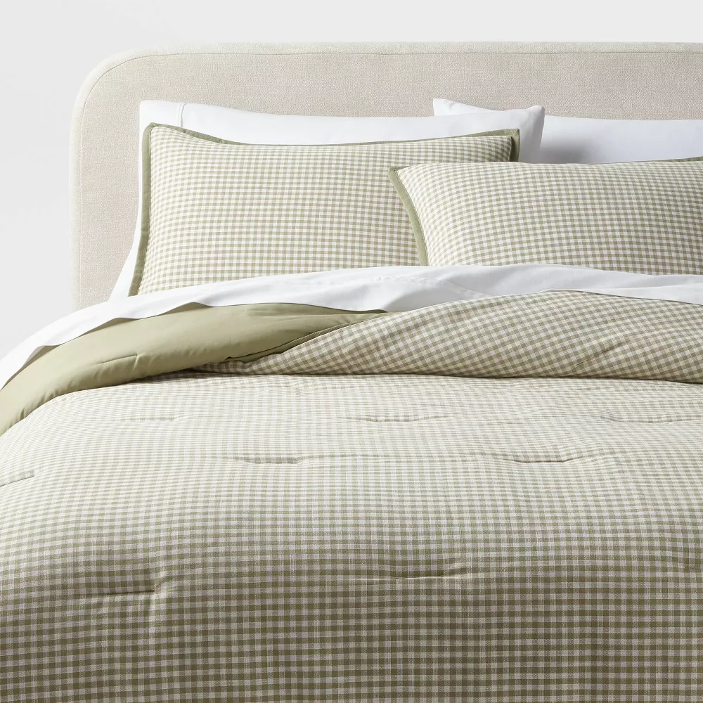 King Mini Gingham Comforter and Sham Set Moss Green - Yarn Dyed - Image 2