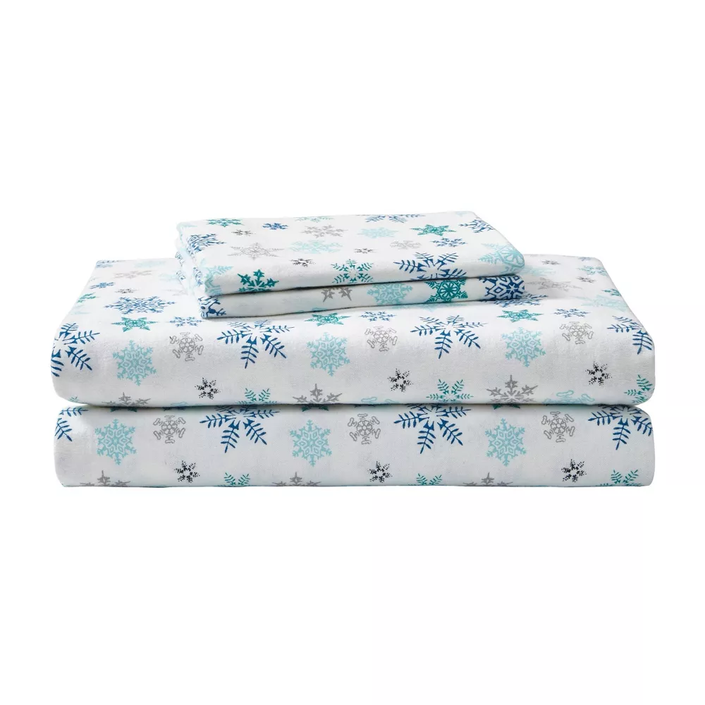 King Patterned Flannel Sheet Set Blue Snowflakes, - Image 4