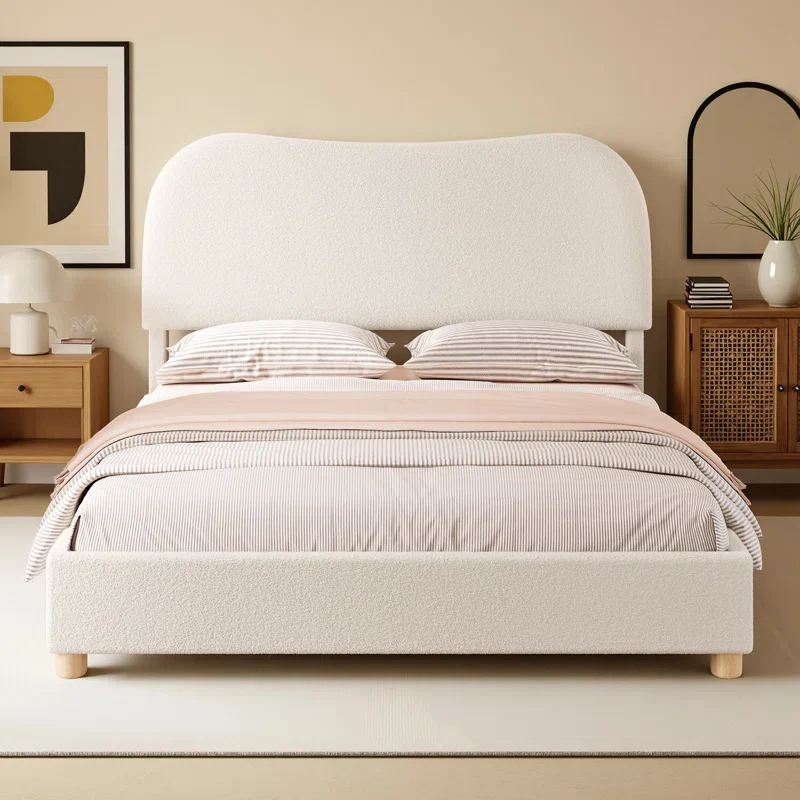 King Sized Boucle Upholstered Platform Bed-SHOWROOM ITEM
