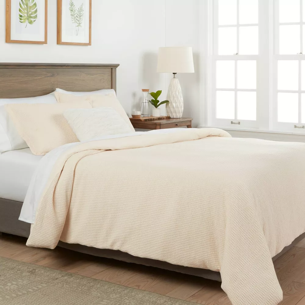 King Washed Waffle Weave Duvet Cover and Sham Set Natural - Image 4