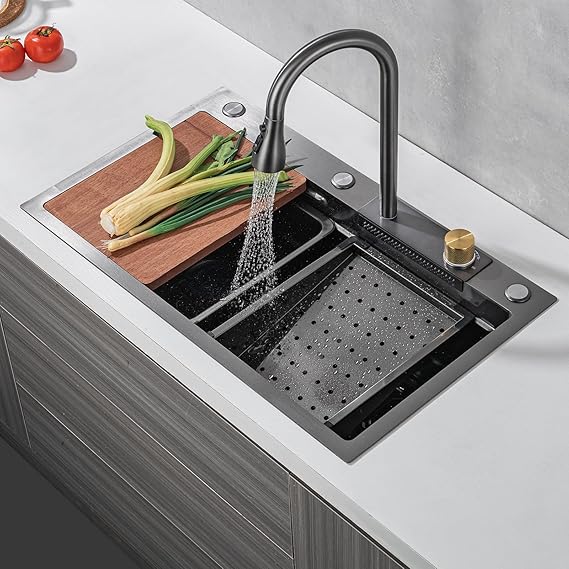 Kitchen Sink with Faucet Combo Waterfall Black Stainless Steel - Image 2