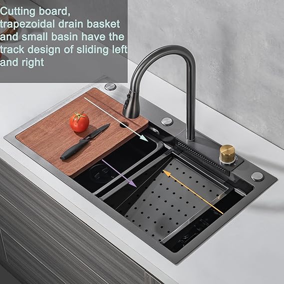 Kitchen Sink with Faucet Combo Waterfall Black Stainless Steel - Image 4