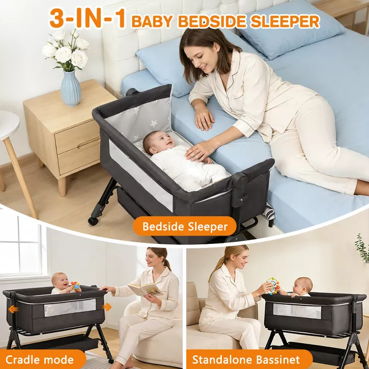 3 in 1 Baby Bassinet Bedside Sleeper Folding Portable Baby Cradle, Dark Grey - Image 3