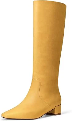 Knee High Boots Women Square Toe Chunky Heels Tall Boots Pull-On
