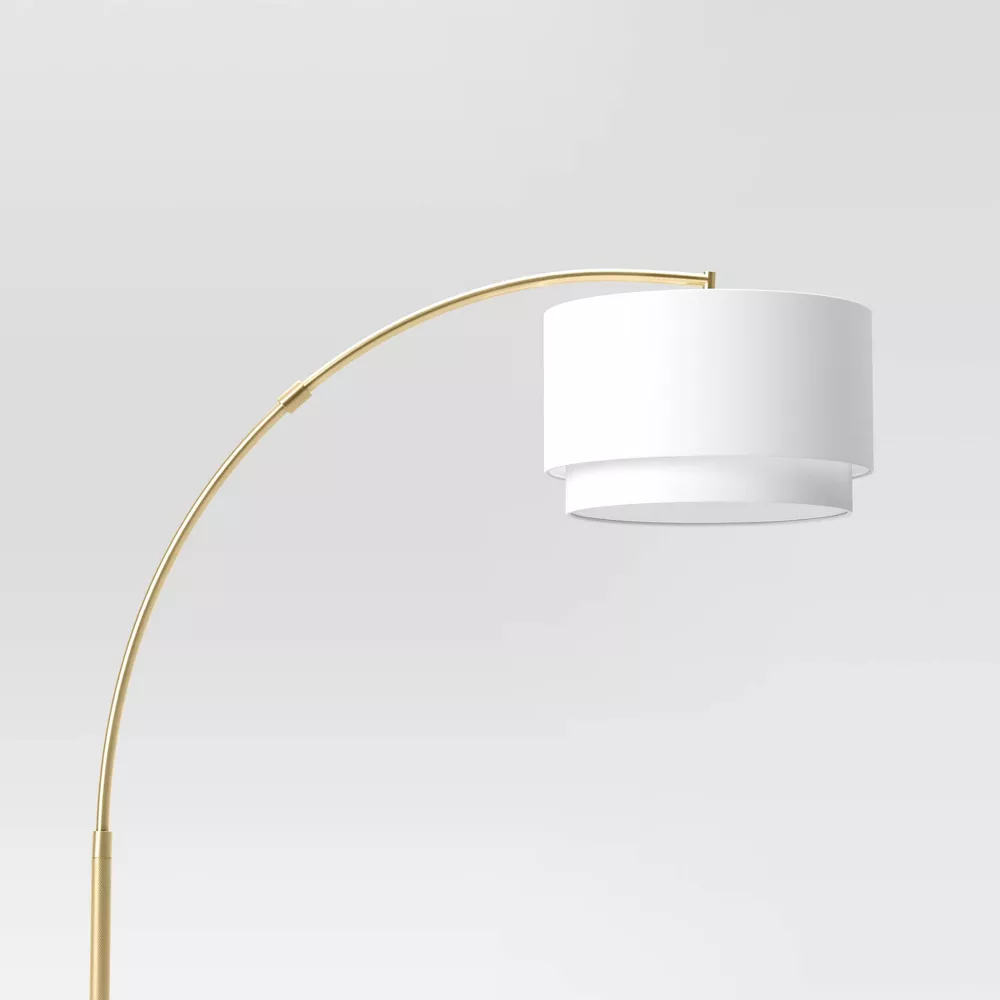 Knurled Metal Arc Floor Lamp with Tiered Shade Brass, - Image 3