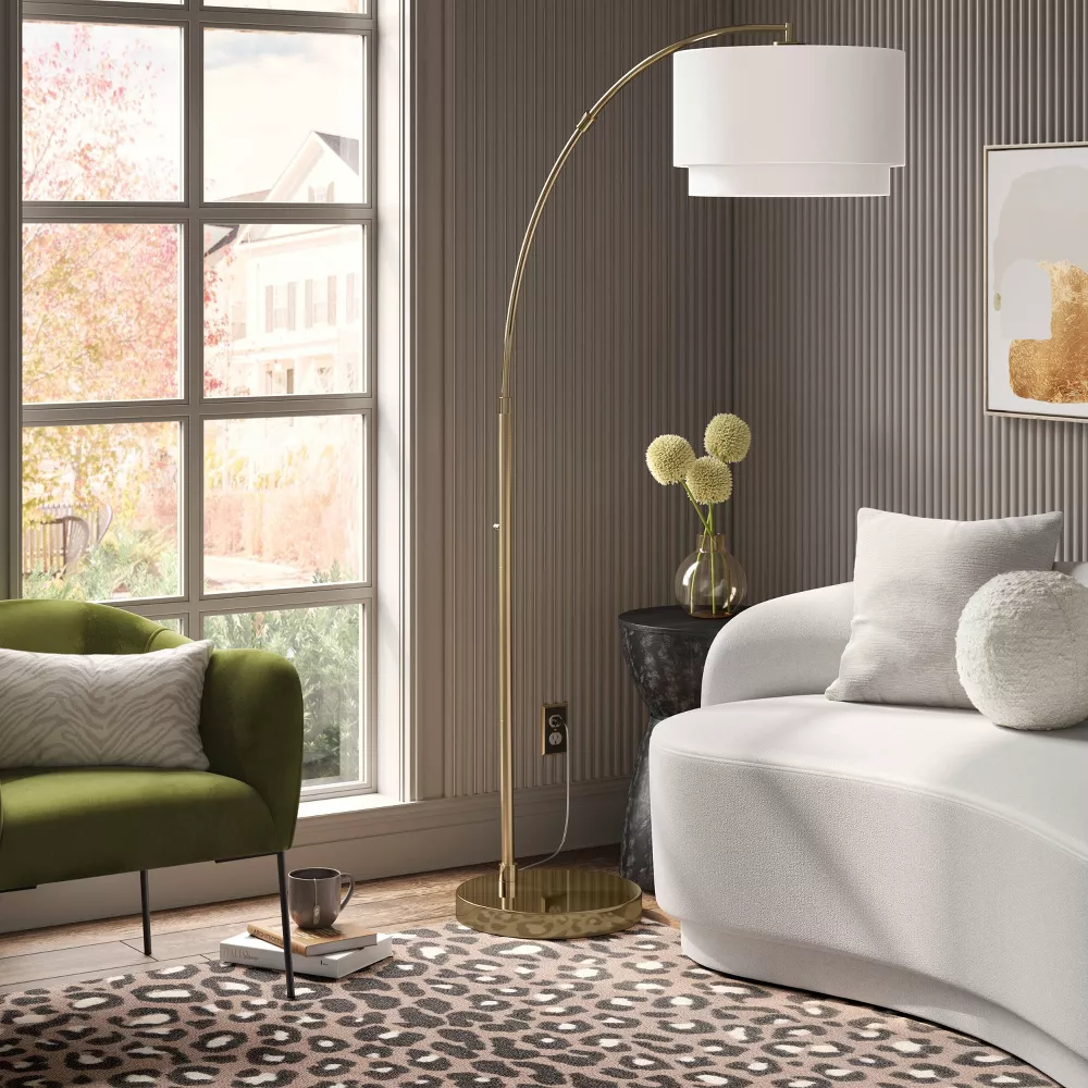 Knurled Metal Arc Floor Lamp with Tiered Shade Brass, - Image 4