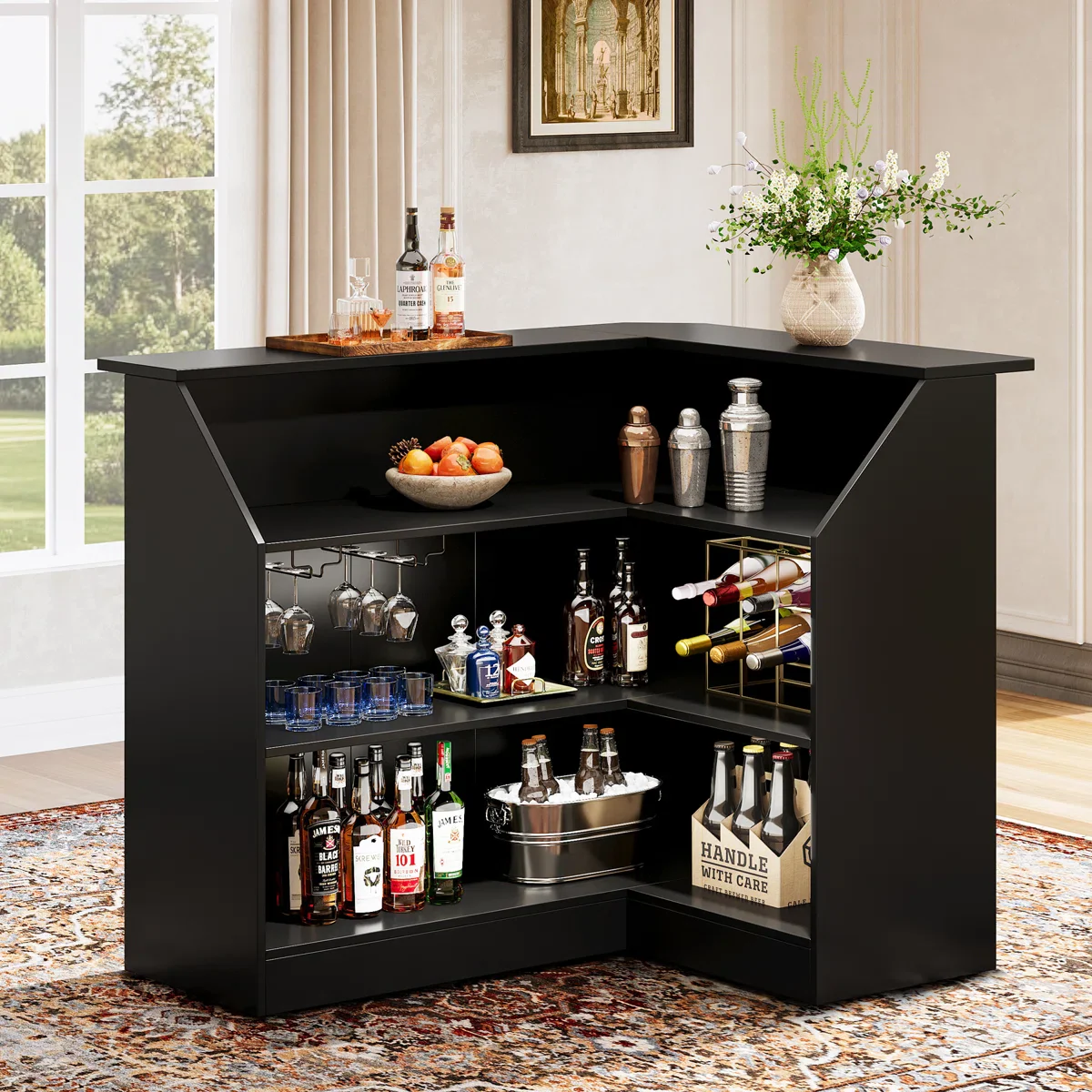 L-Shaped Bar Cabinet, 4-Tier Home Bar Table with Stemware Racks - Image 4
