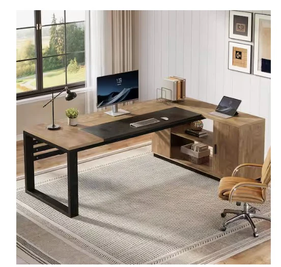 L Shaped Black and Brown Wood Computer Large Executive Desk
