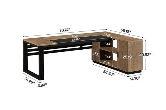 L Shaped Black and Brown Wood Computer Large Executive Desk - Image 2