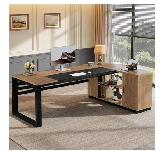 L Shaped Black and Brown Wood Computer Large Executive Desk - Image 4