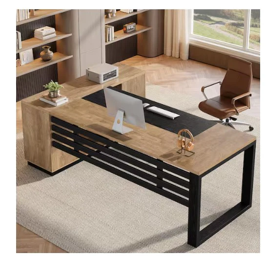 L Shaped Black and Brown Wood Computer Large Executive Desk - Image 5