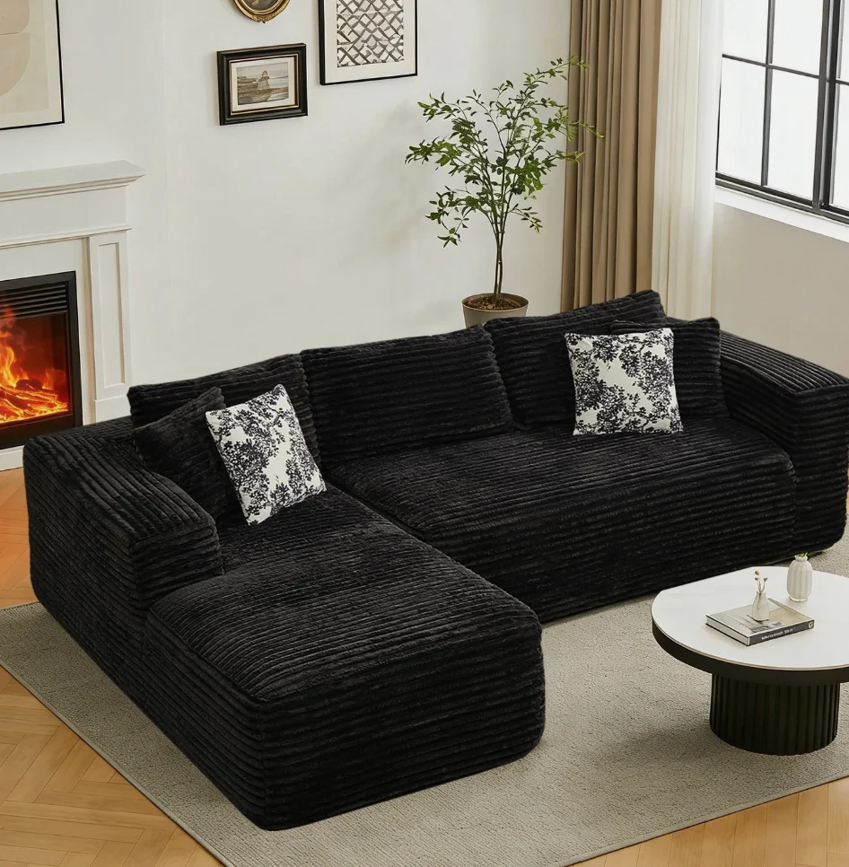 L Shaped Corduroy Sofa Cloud Couch Compression Boneless Sofas w/ 4 Throw Pillows SHOWROOM ITEM