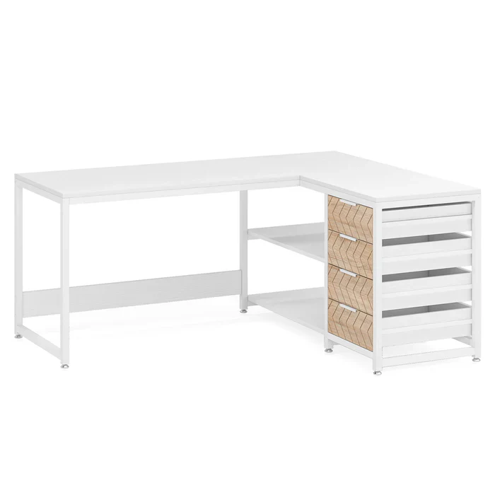 L-Shaped Desk, Reversible Corner Desk with Drawers & Shelves