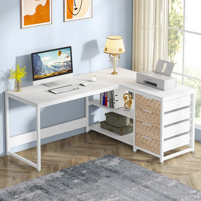 L-Shaped Desk, Reversible Corner Desk with Drawers & Shelves - Image 2