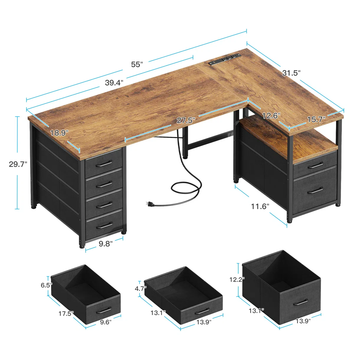 L-shaped Desk With 5-tier Under-desk Drawers