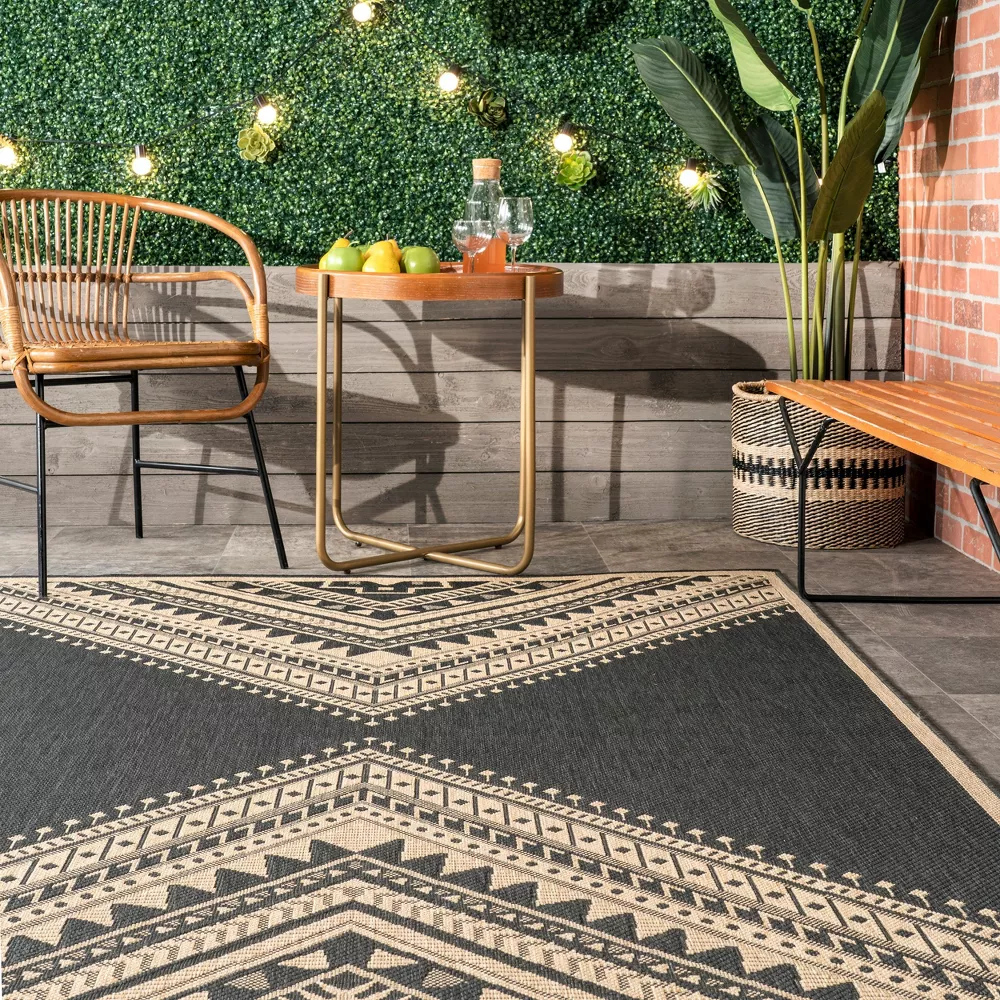 Landry Aztec Indoor/Outdoor Area Rug, 6' 7" x 9', Charcoal - Image 3