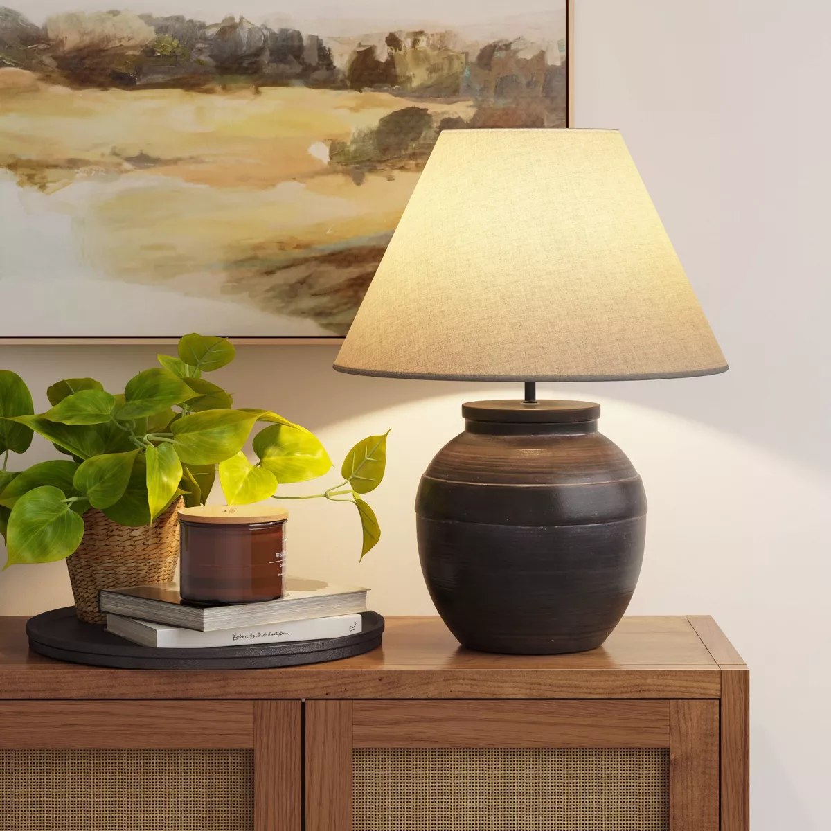 Large Ceramic Table Lamp Black - Embossed Detail - Image 2