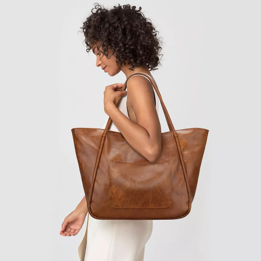 Large Tote Bag for Women with Zipper Work Leather Travel Purse and Handbags Brown - Image 3