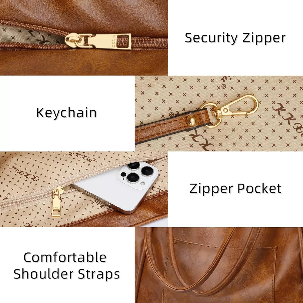 Large Tote Bag for Women with Zipper Work Leather Travel Purse and Handbags Brown - Image 4