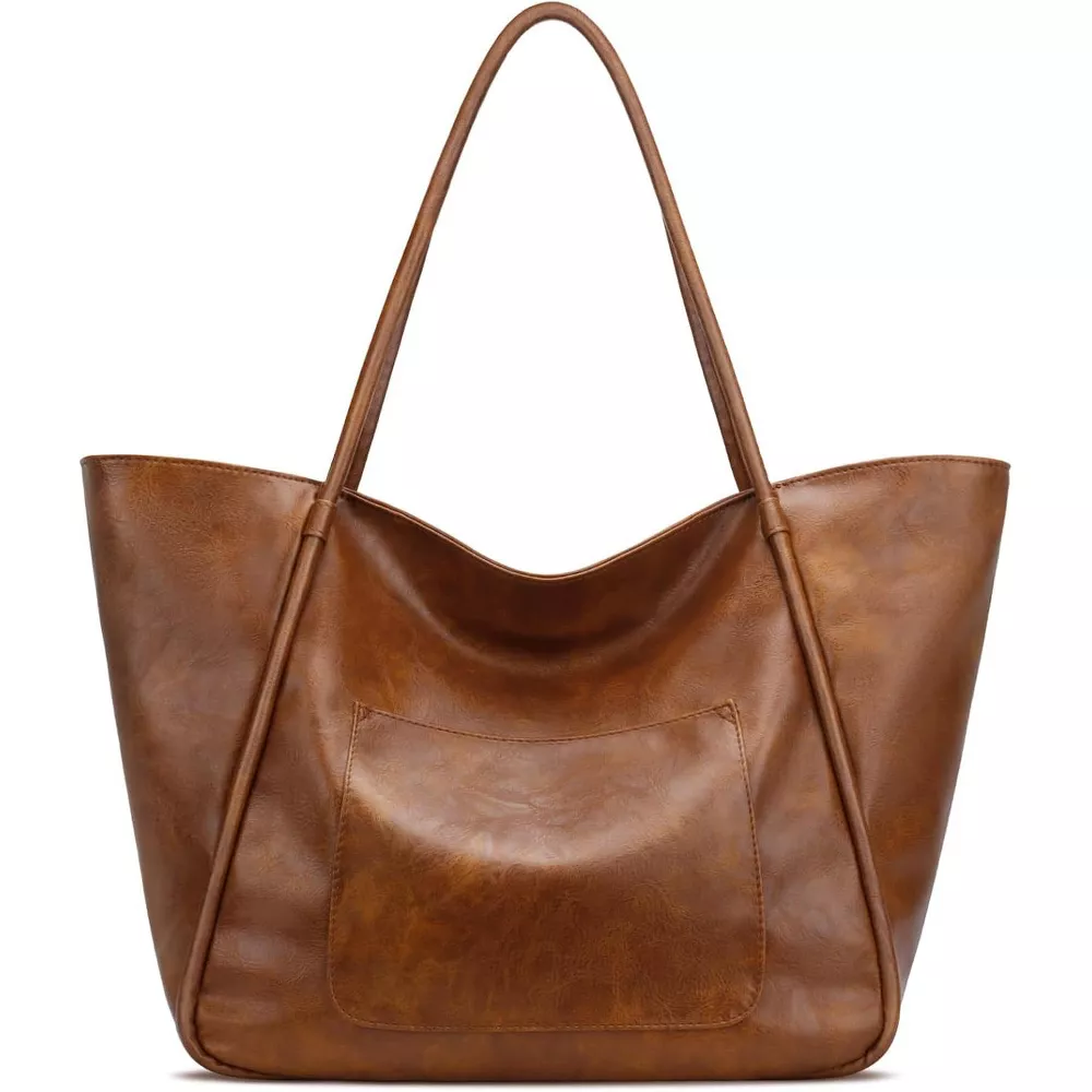 Large Tote Bag for Women with Zipper Work Leather Travel Purse and Handbags Brown - Image 5