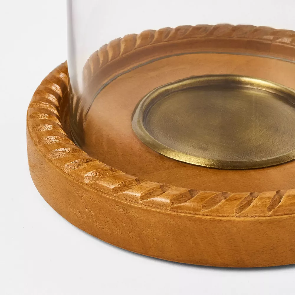Large Wood and Glass Hurricane Candle Holder Tan - Image 3