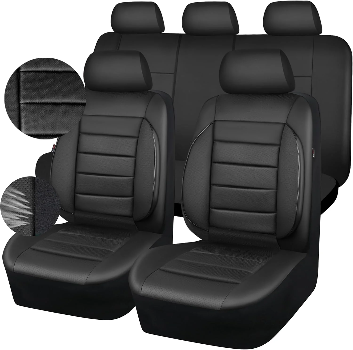 Leather Seat Covers Full Set Universal Water Resistant 3D Foam Back Suppor (Pure Black)