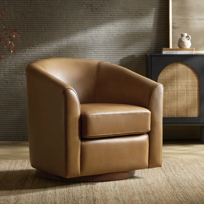 Leather Swivel Barrel Chair with Solid Wood Base SHOWROOM ITEM