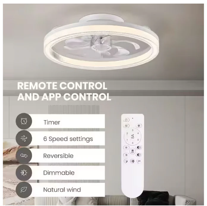 LED Indoor White Low Profile Ceiling Fan with Dimmable Lighting Small Flush - Image 3
